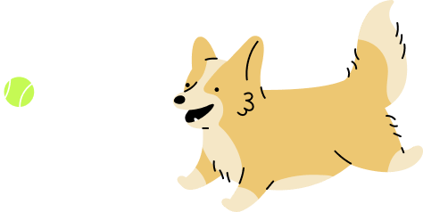Illustration of a happy dog playfully chasing a bouncing tennis ball outdoors
