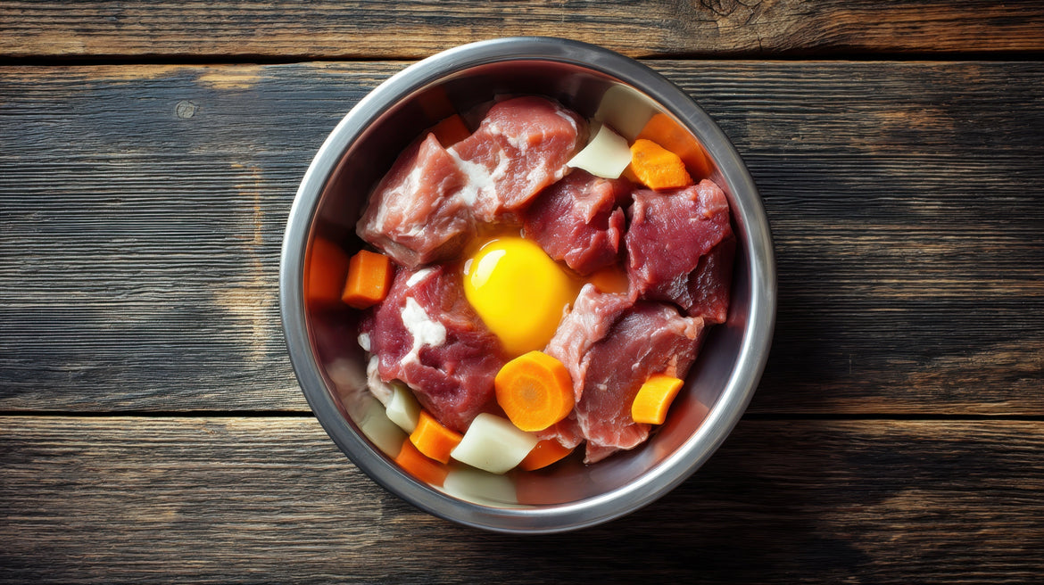 Bowl of raw meat, egg yolk, carrots and potatoes