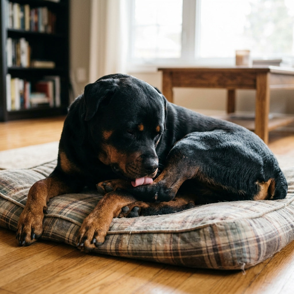 Rottweiler sat down in dog bed licking joint