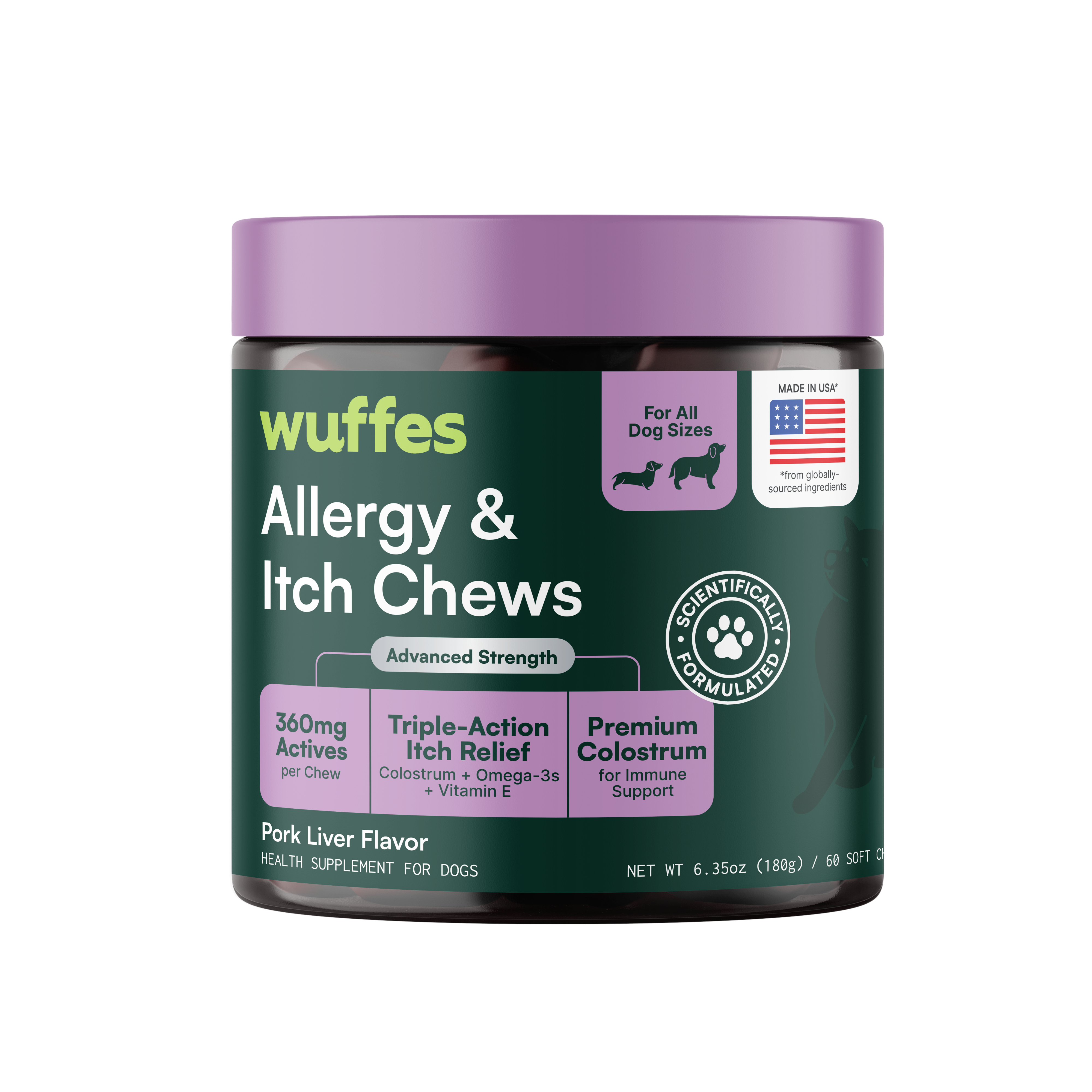 Container of Wuffes Allergy and Itch Chews with purple lid and green label for dogs