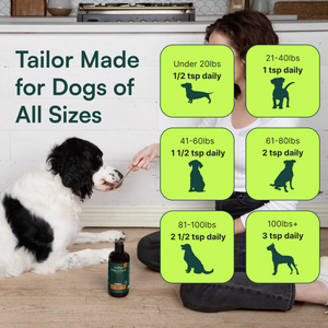 Woman feeding large black and white dog with dosage chart for dogs of different weights.