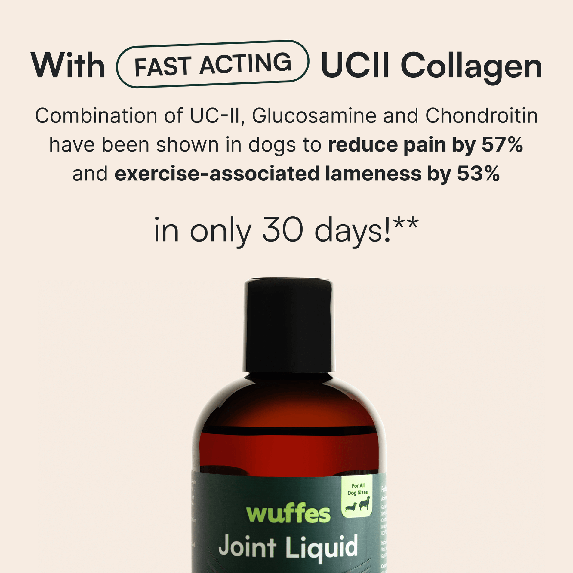Bottle of Wuffes Joint Liquid supplement with text highlighting fast-acting UCII collagen benefits for dogs