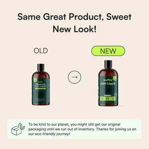 Comparison of old and new packaging designs for a dog joint supplement liquid bottle