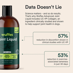 Bottle of advanced joint liquid supplement for dogs with clinical study results shown