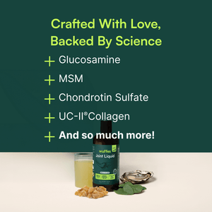 Bottle of joint liquid supplement with ingredients and a glass of yellow liquid on beige surface