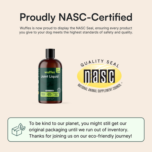 Bottle of Wuffes Joint Liquid supplement next to NASC quality seal and eco-friendly packaging message