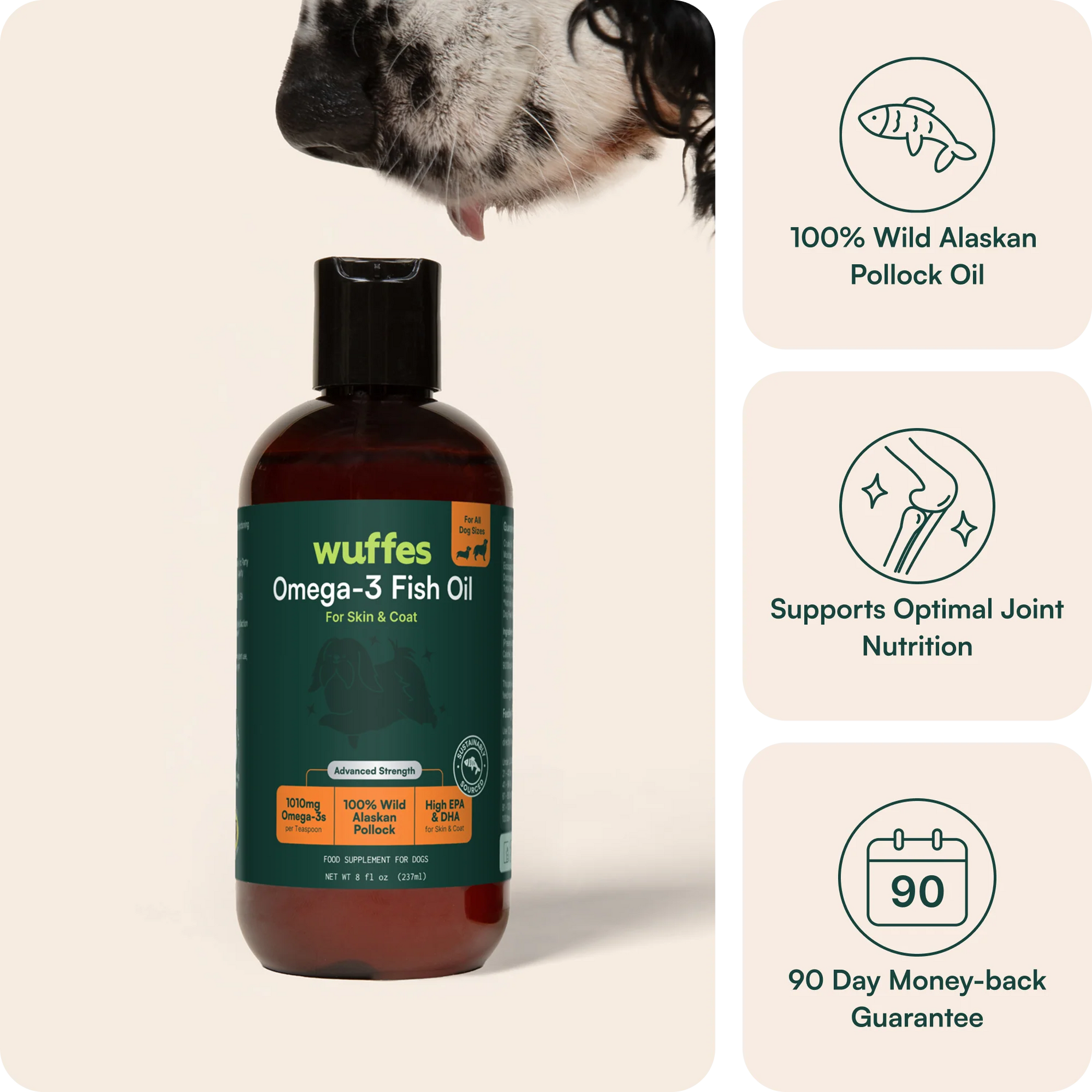 Bottle of Wuffes Omega-3 fish oil for dogs with dog nose above and benefit icons on right