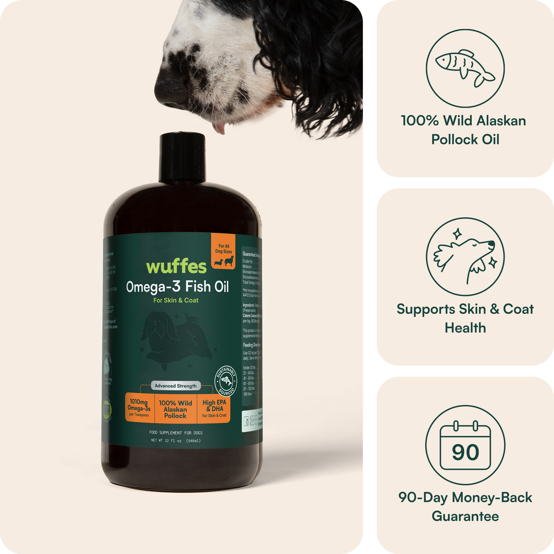 Wuffes Omega-3 Fish Oil for dogs, 32 fl oz bottle of 100% Wild Alaskan Pollock oil, supports skin and coat health, 90-day money-back guarantee