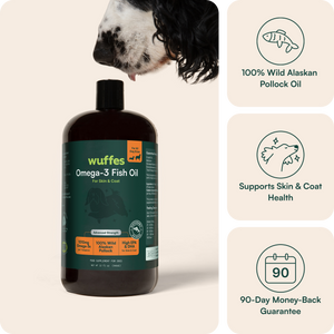Wuffes Omega-3 Fish Oil for dogs, 32 fl oz bottle of 100% Wild Alaskan Pollock oil, supports skin and coat health, 90-day money-back guarantee