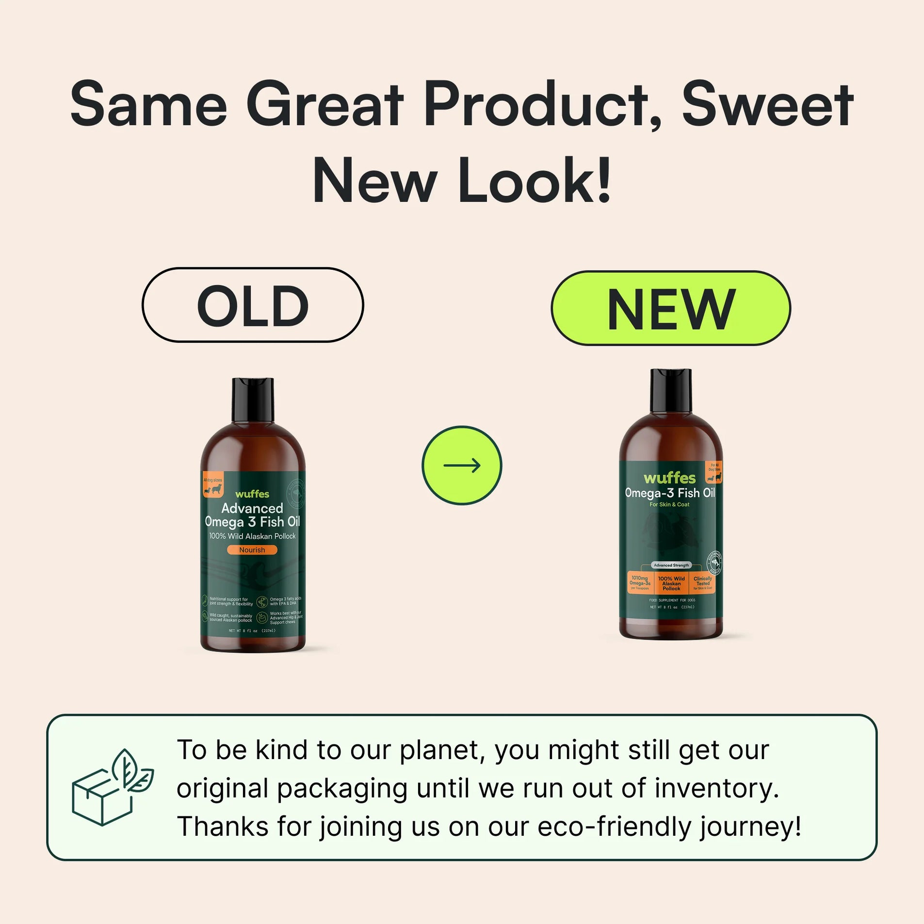 Comparison of old and new packaging for a dog omega-3 fish oil supplement bottle