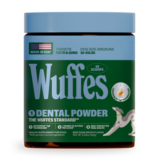 Container of Wuffes dental powder for medium dogs promoting oral health and gum care