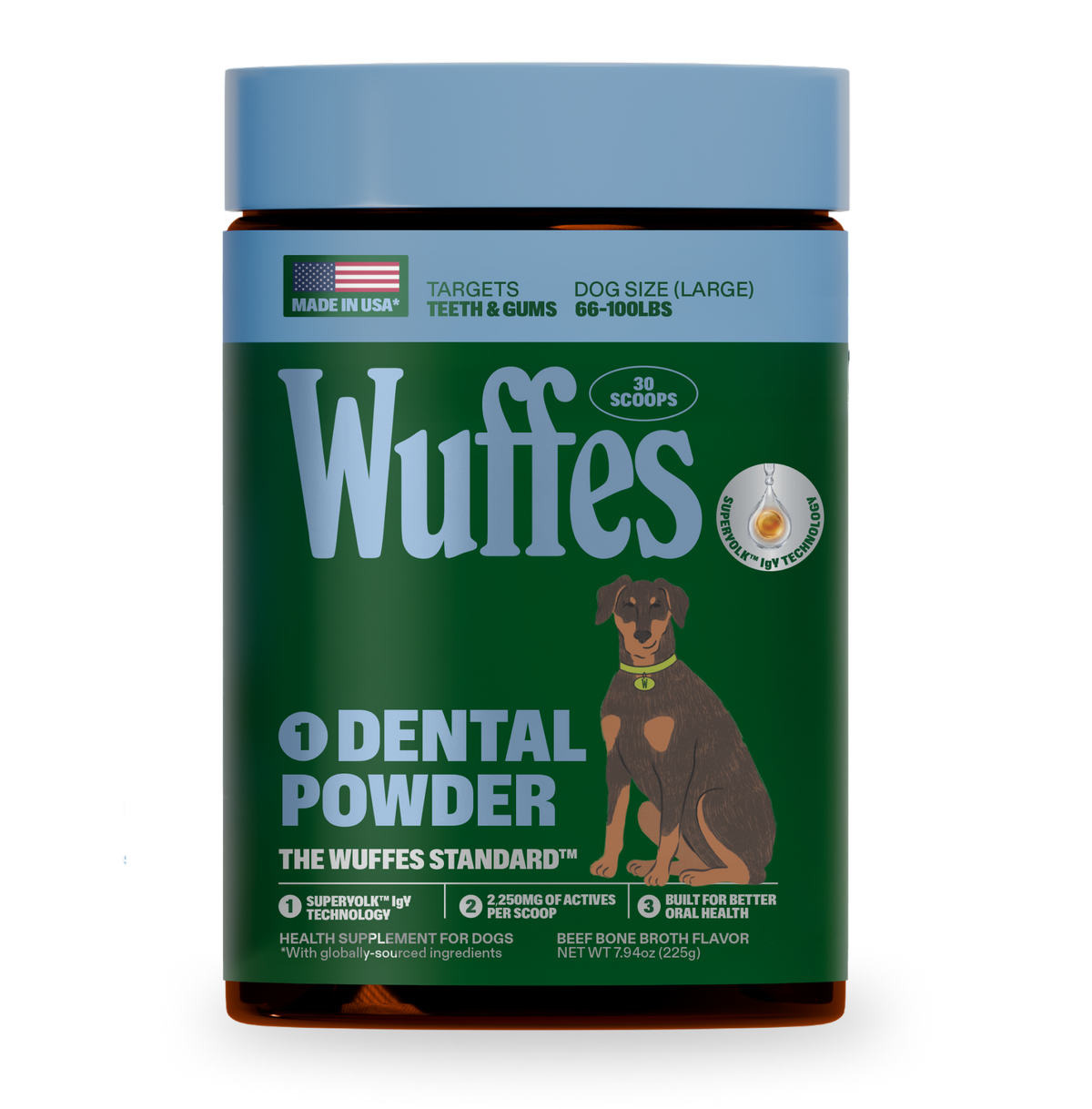 Container of Wuffes dental powder for large dogs with beef bone broth flavor