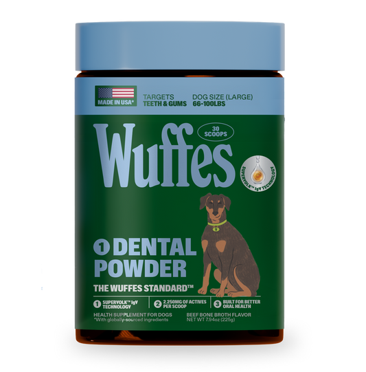 Container of Wuffes dental powder for large dogs with beef bone broth flavor