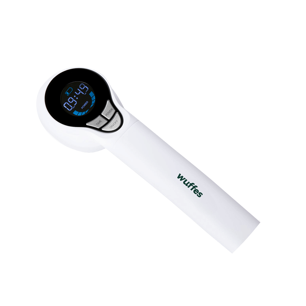 White handheld device with digital display and control buttons labeled time and mode, branded Wuffes