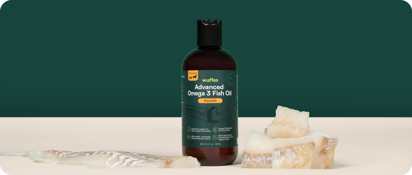 Bottle of advanced omega 3 fish oil supplement displayed with fish fillets on a neutral background